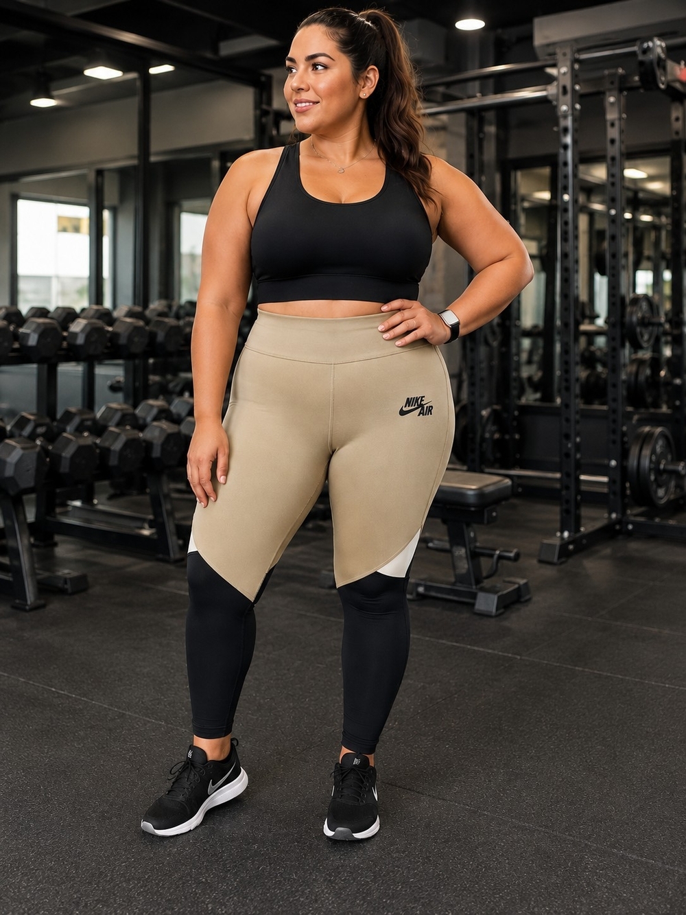 Nike Colorblock High-Rise Leggings in Tan, Black and White